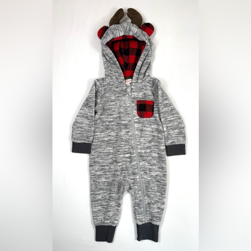 CAT & JACK Baby Unisex Hooded Romper‎ One Piece Buffalo Plaid Reindeer Cozy 3-6M
